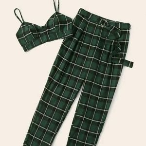 Shein Green Plaid Bralette Top & Ring Belted Pants